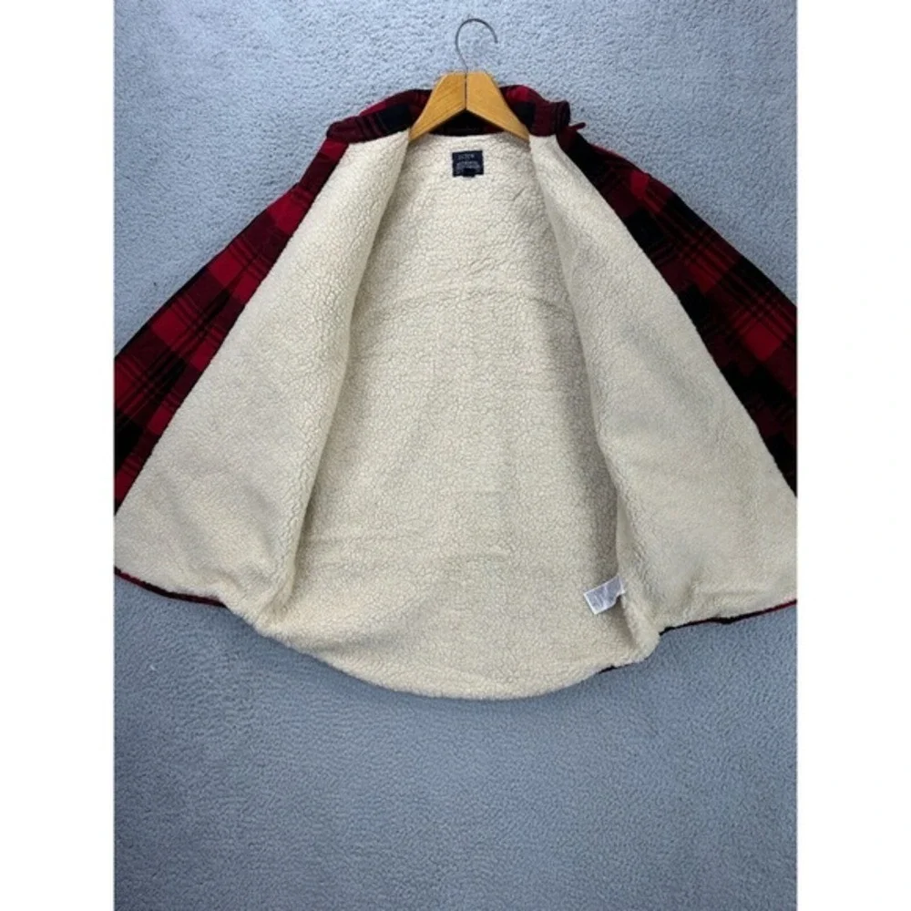 J Crew Shirt Mens Small Red Tartan Plaid Outerwear Sherpa Lined Shacket NEW A3